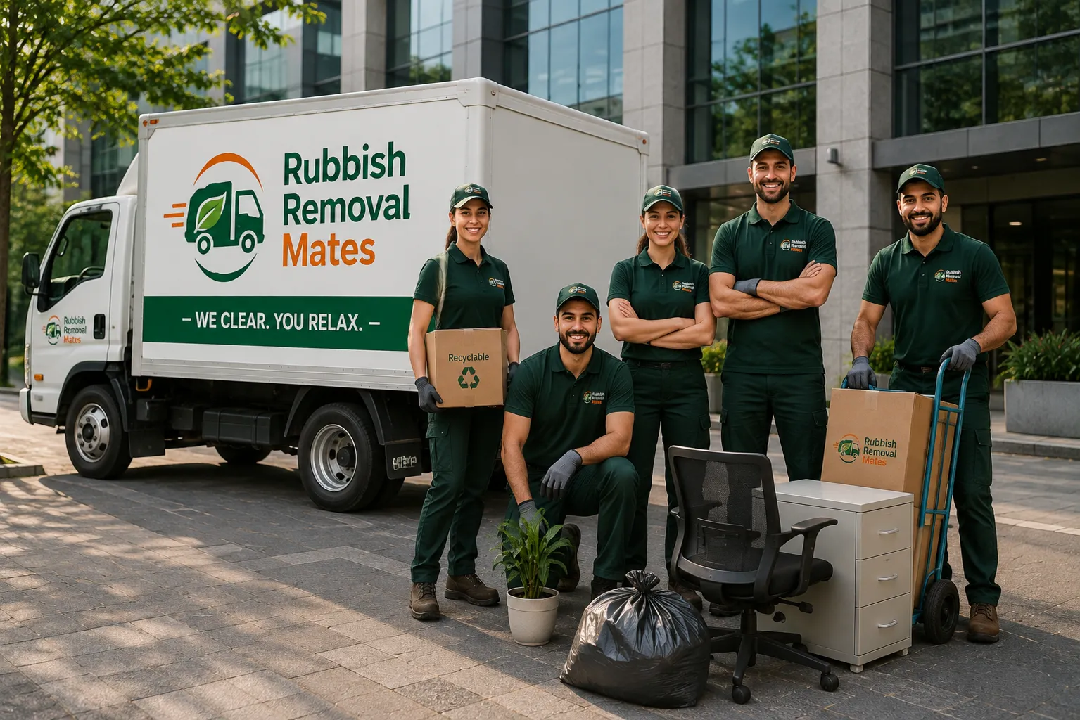 About Rubbish Removal Mates The professional team of Rubbish Removal Mates with their branded truck in Melbourne